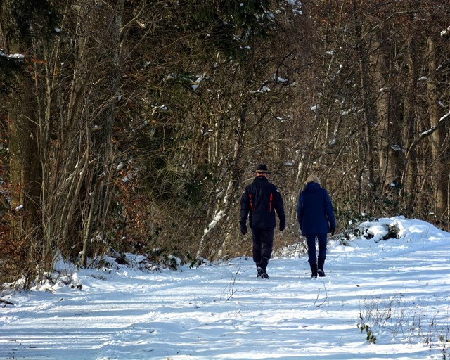 Twee wandelende mensen in de sneeuw