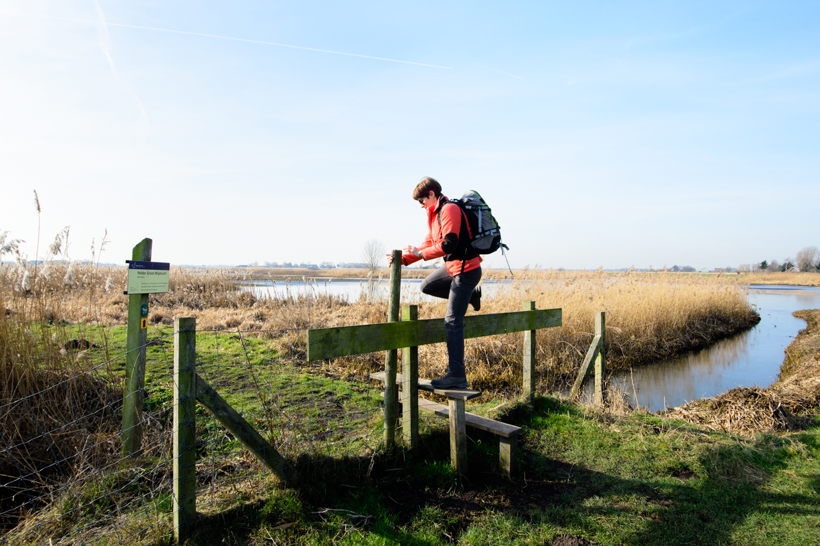 wandelaar maakt een overstap in het boerenlandschap tijdens het Ommetje Botshol.