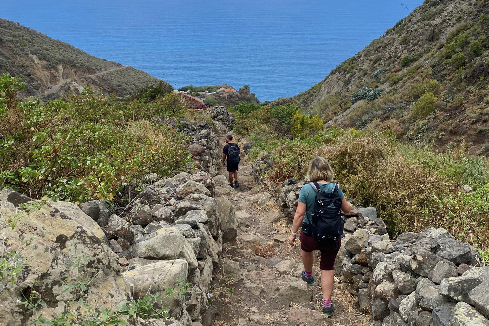 omlaag wandelen in de bergen aan zee, op Tenerife.