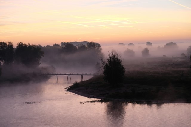 afbeelding van een mistig landschap met water en ochtendlicht.
