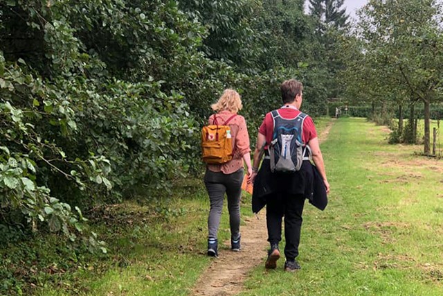 twee wandelaars op een zandpad in het gras.