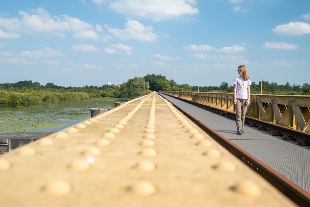 Agnes wandelt op de Moerputtenbrug.
