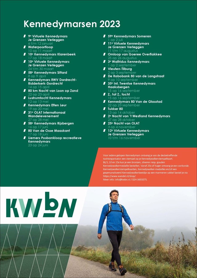 afbeelding van een kalender van Kennedymarsen in 2023.