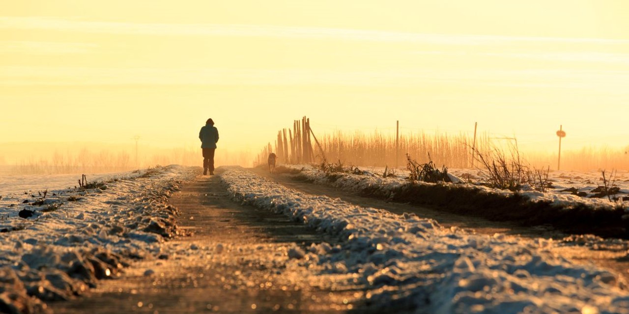 afbeelding van een wandelaar in de winter.