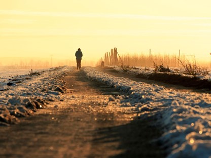 afbeelding van een wandelaar in de winter.