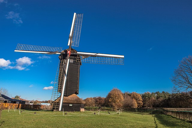 de Doesburgermolen van de voorkant met grasveld en blauwe lucht.