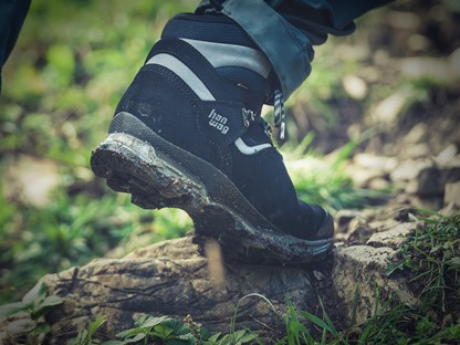 Hanwag schoen op een boomstam.