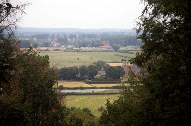 doorkijkje tussen de bomen op de Ooijpolder bij Nijmegen, vanaf een berg.