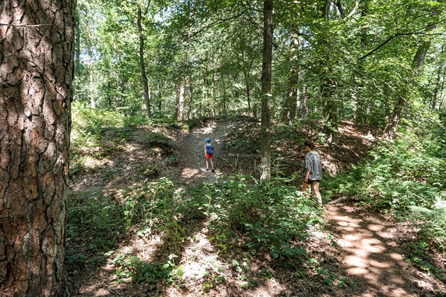 moeder en zoon wandelen in de schaduw in het bos.