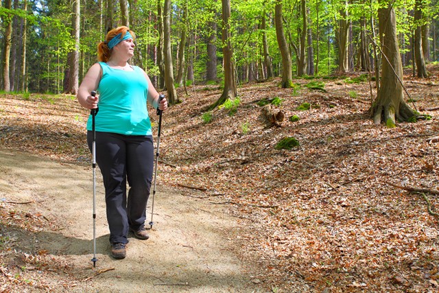 vrouw wandelt in het bos met wandelstokken.