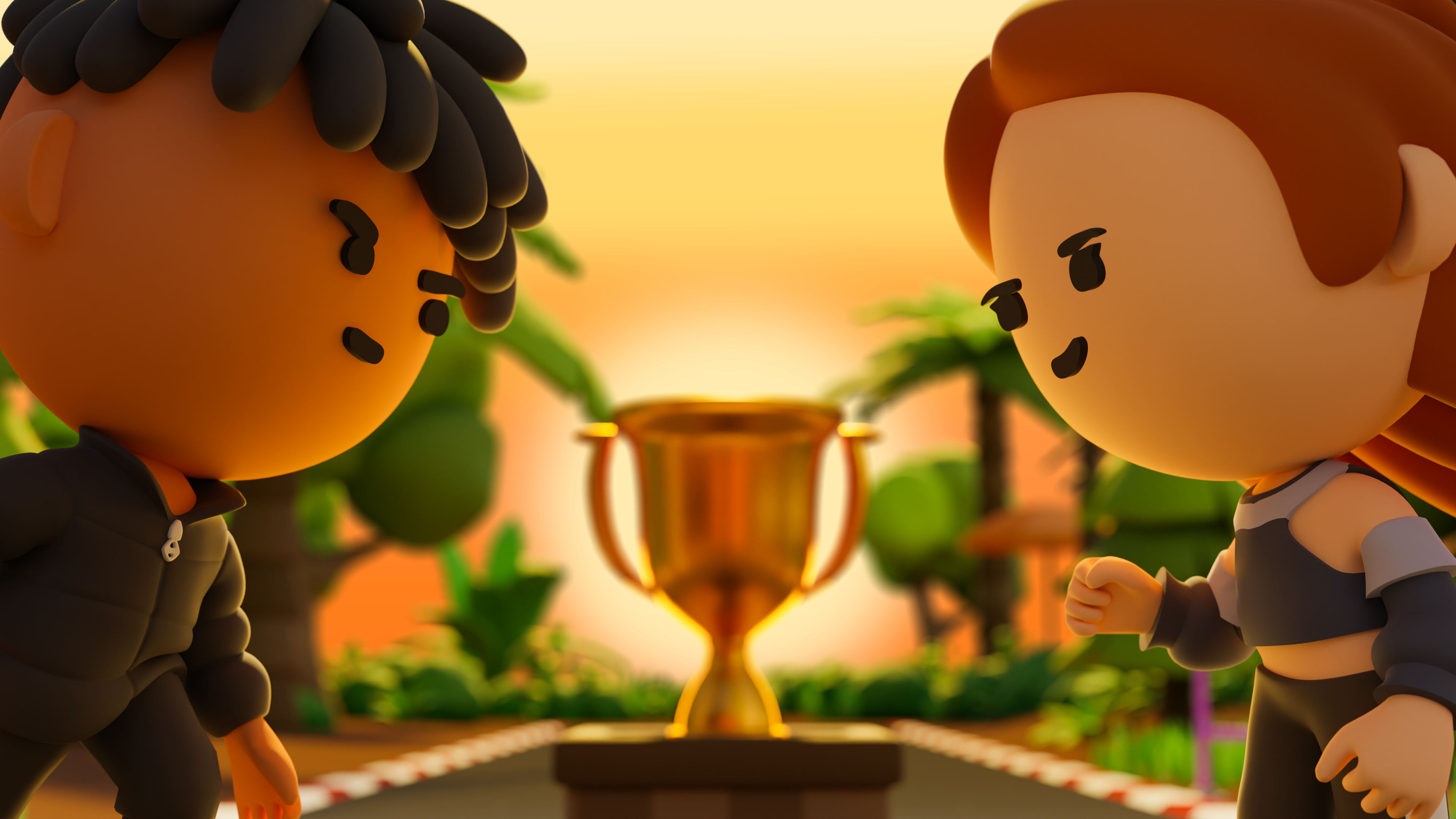 Twee figuurtjes van de Lawa-schoolbattle rondom de te winnen beker