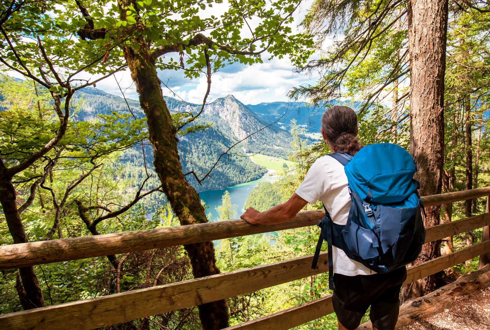 afbeelding van een wandelaar met een rugzak die geniet van een uitzicht over de bergen.