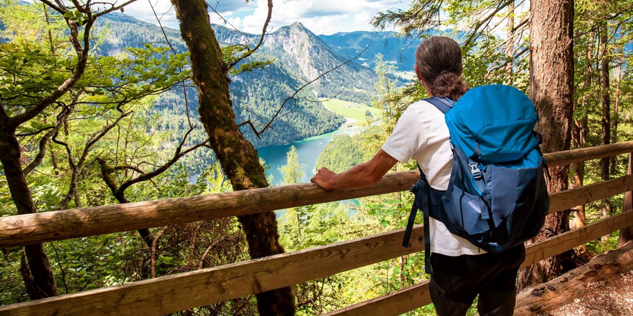 afbeelding van een wandelaar met een rugzak die geniet van een uitzicht over de bergen.