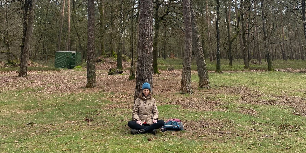 Bosbaden: een trage wandeling die je zintuigen prikkelt; zittend tegen een boom