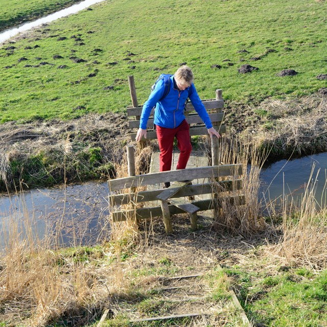 wandelaar steekt sloot over met bruggetje.