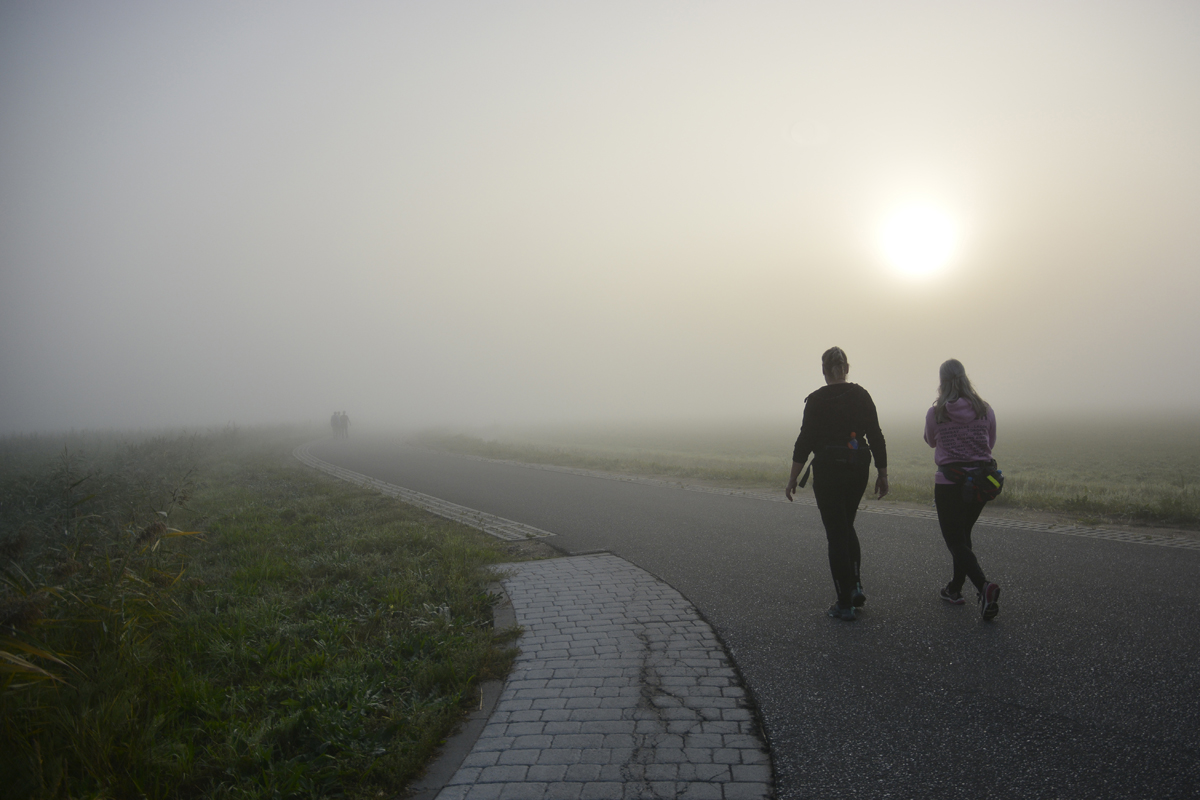 afbeelding van twee wandelaars op een pad in de mist.