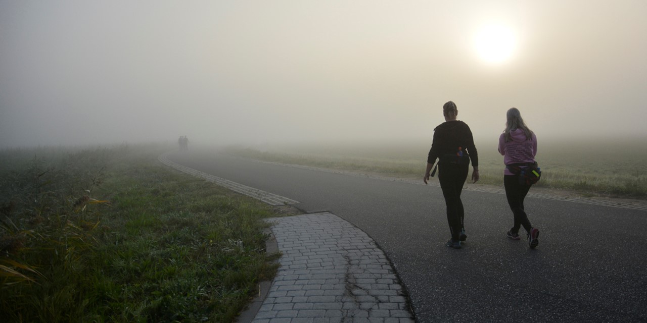 afbeelding van twee wandelaars op een pad in de mist.