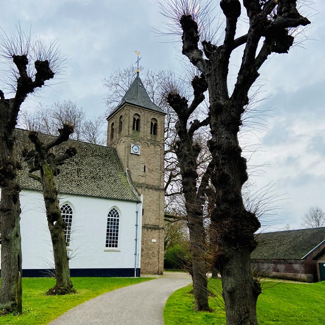 op een pad, tussen de bomen door, zie je een kerk in Bemmel.