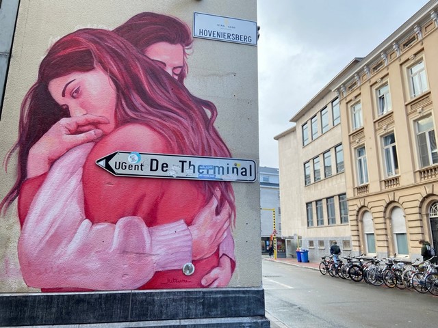 afbeelding van een roze street art kunstwerk van Kitsune Jolene.
