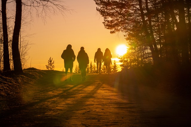 afbeelding van een groepje wandelaars met zonsondergang.