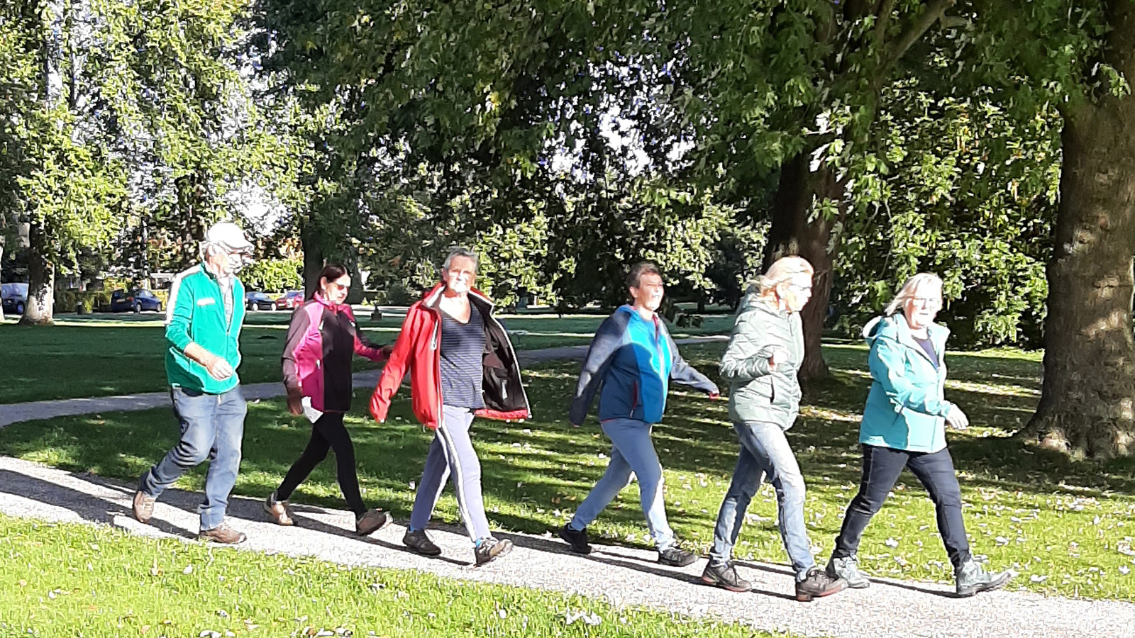 Groep wandelaars in een park