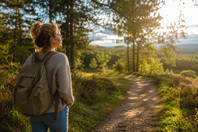 Vrouw met rugzak wandelend in de natuur