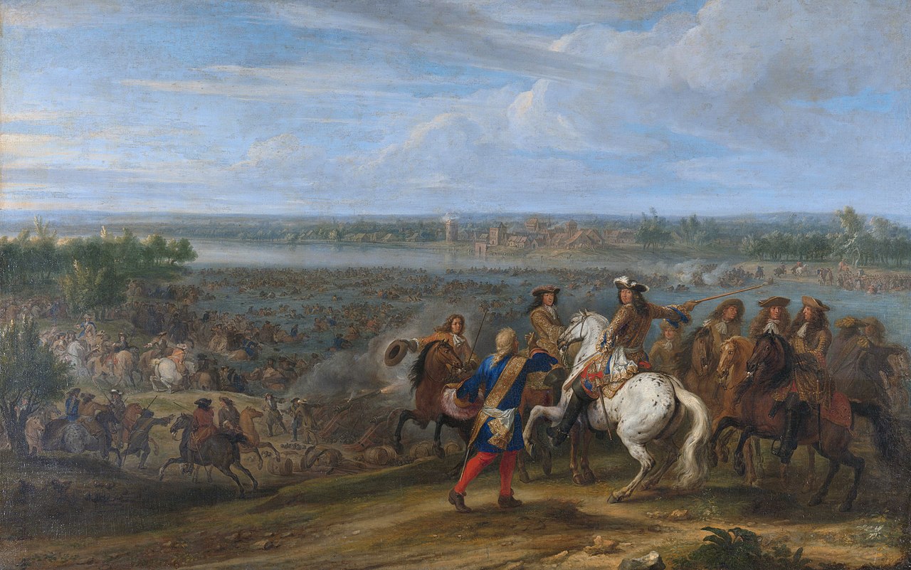 Lodewijk XIV trekt in het Rampjaar bij Lobith de Rijn over, schilderij van Frans van de Adam, bron: Rijksmuseum Amsterdam 