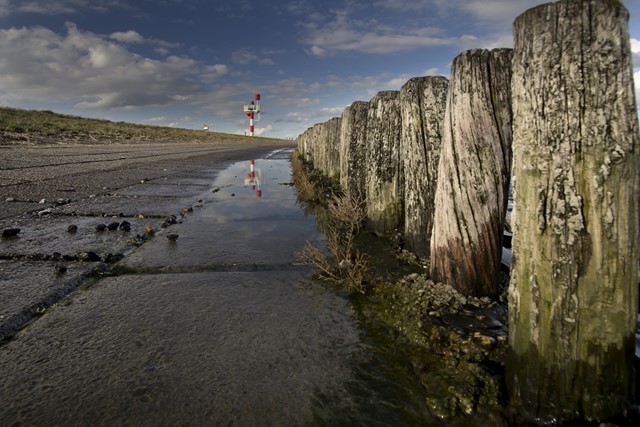 Kustlijn met houten palen in de zee