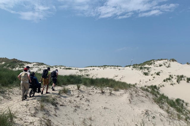 afbeelding van wandelaars in de duinen.