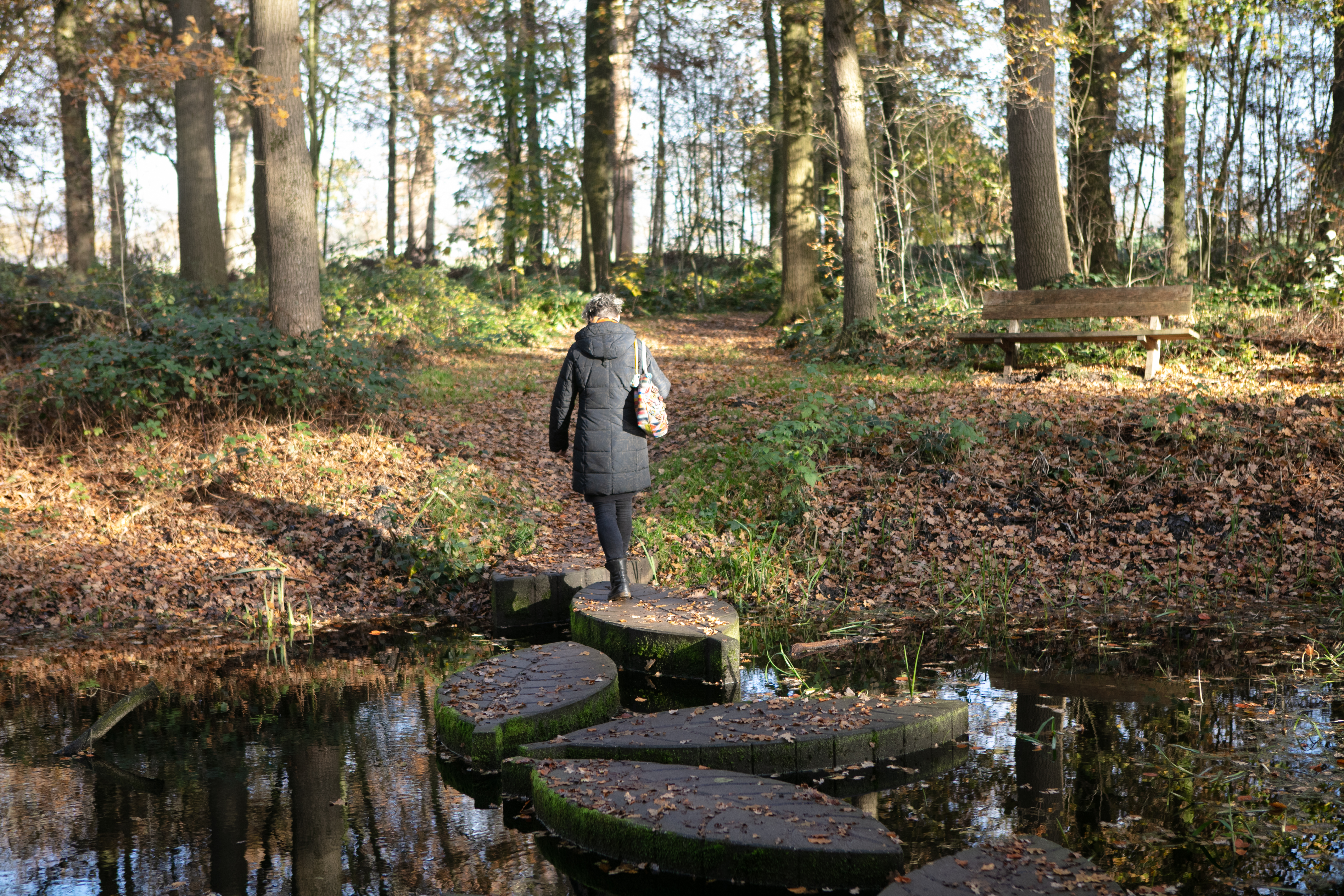afbeelding van een vrouw die over speciale blaadjes-stenen over het water loopt.