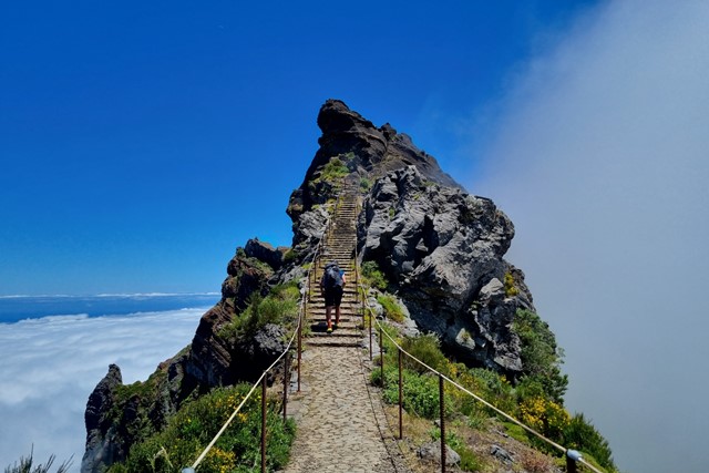 afbeelding van iemand op een rotspunt aan de kust bij Madeira.