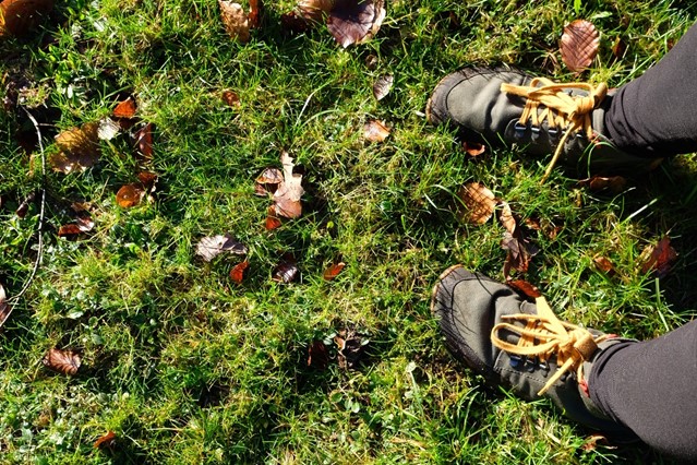 afbeelding van barefoot wandelschoenen in het natte, zachte gras.