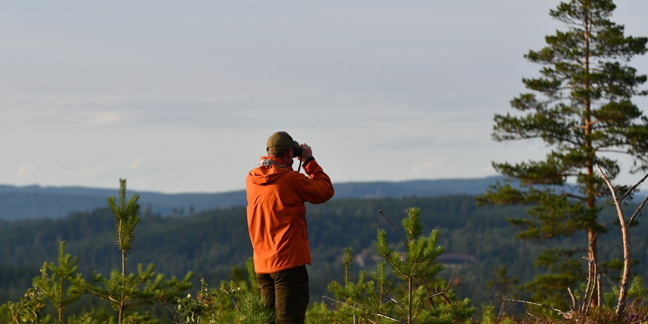 foto van man met een verrekijker en wijds uitzicht.