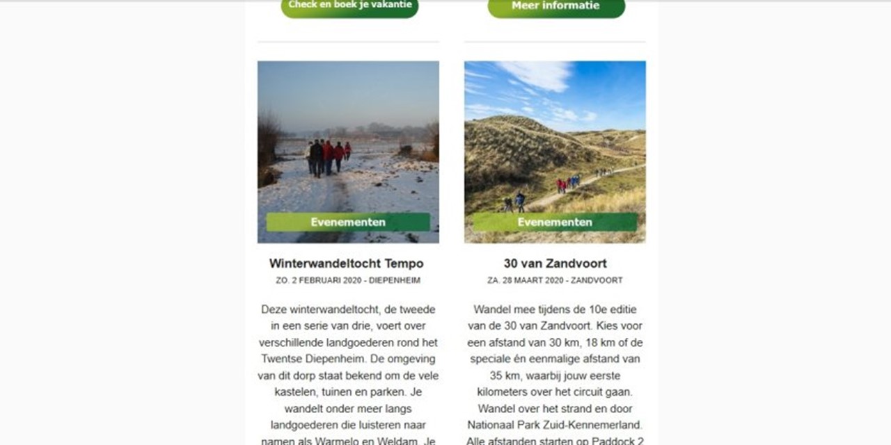 Voorbeeld van twee uitgelichte evenementen in een Wandel.nl nieuwsbrief