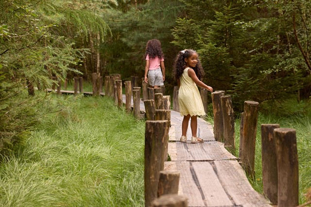 afbeelding van twee kinderen op een plankenpad.