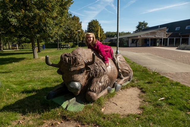 afbeelding van Agnes op een beeld van een wisent bij het bezoekerscentrum.