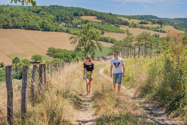 afbeelding van een koppel dat wandelt door het Franse platteland.