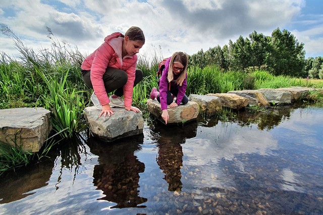 twee meiden op stapstenen kijken geknield in het water.