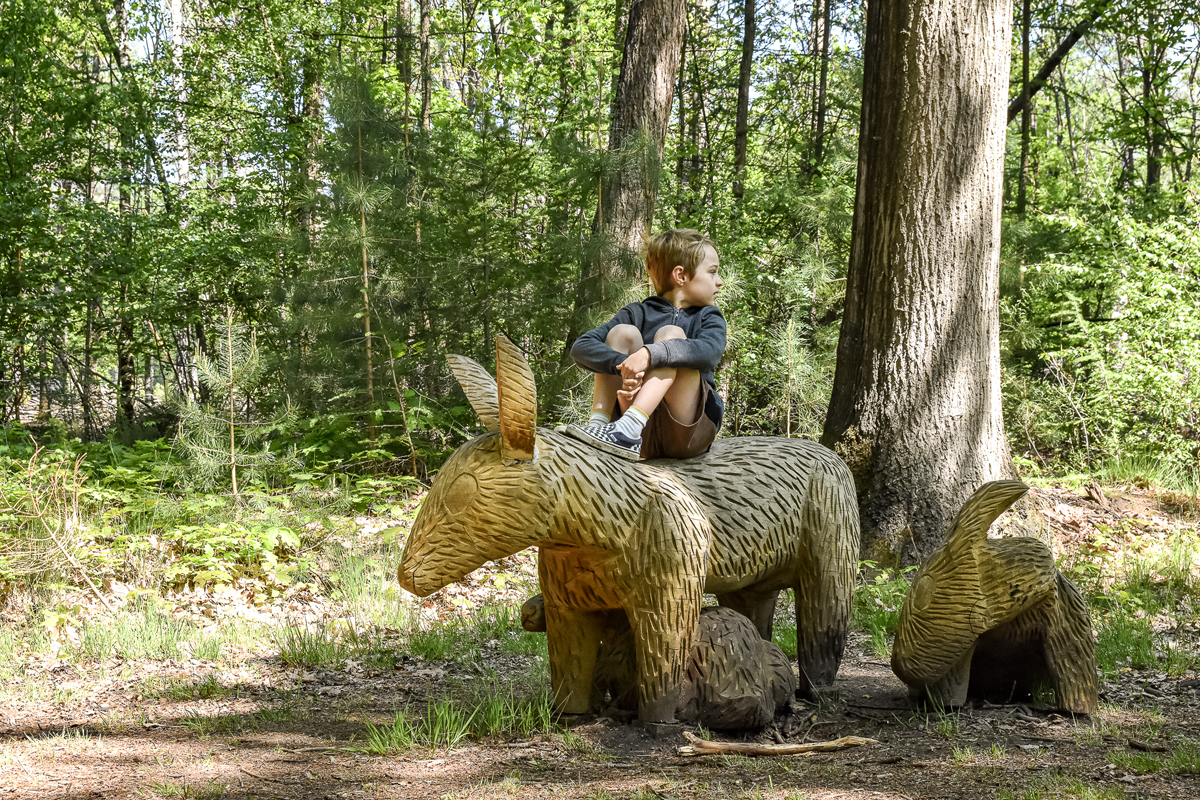 jongen zit op een beeld van een dier in het bos.