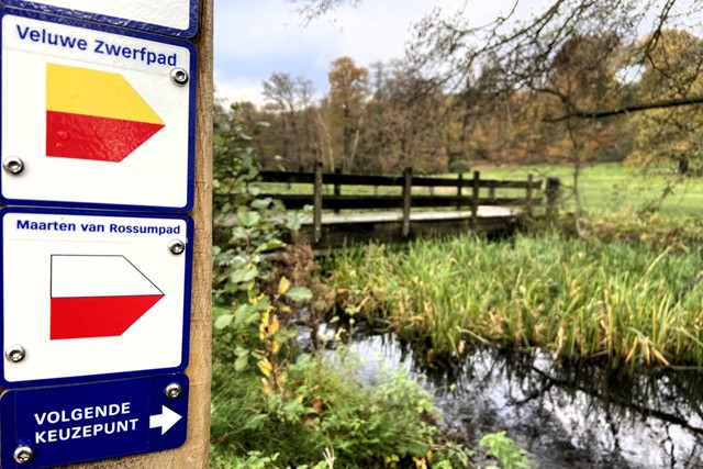 Veluwe Zwerfpad etappe 1 Arnhem - Wolfheze, roodegele pijl.