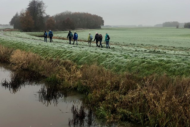 afbeelding van een groep die wandelt door een winterlandschap.