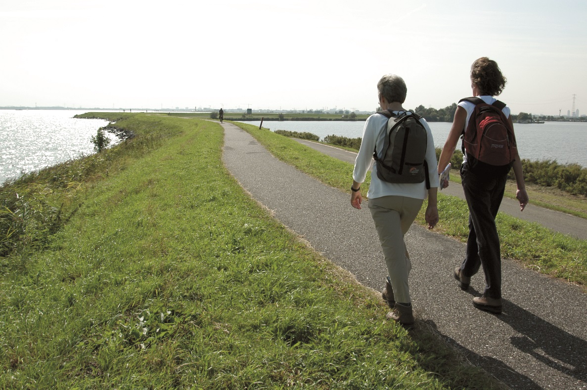 Duo wandelend over een dijk