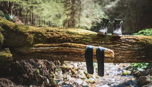 Foto van drogende sokken en schoenen op een boomstronk