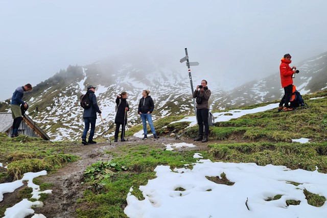 afbeelding van wandelaars op een besneeuwde bergtop.