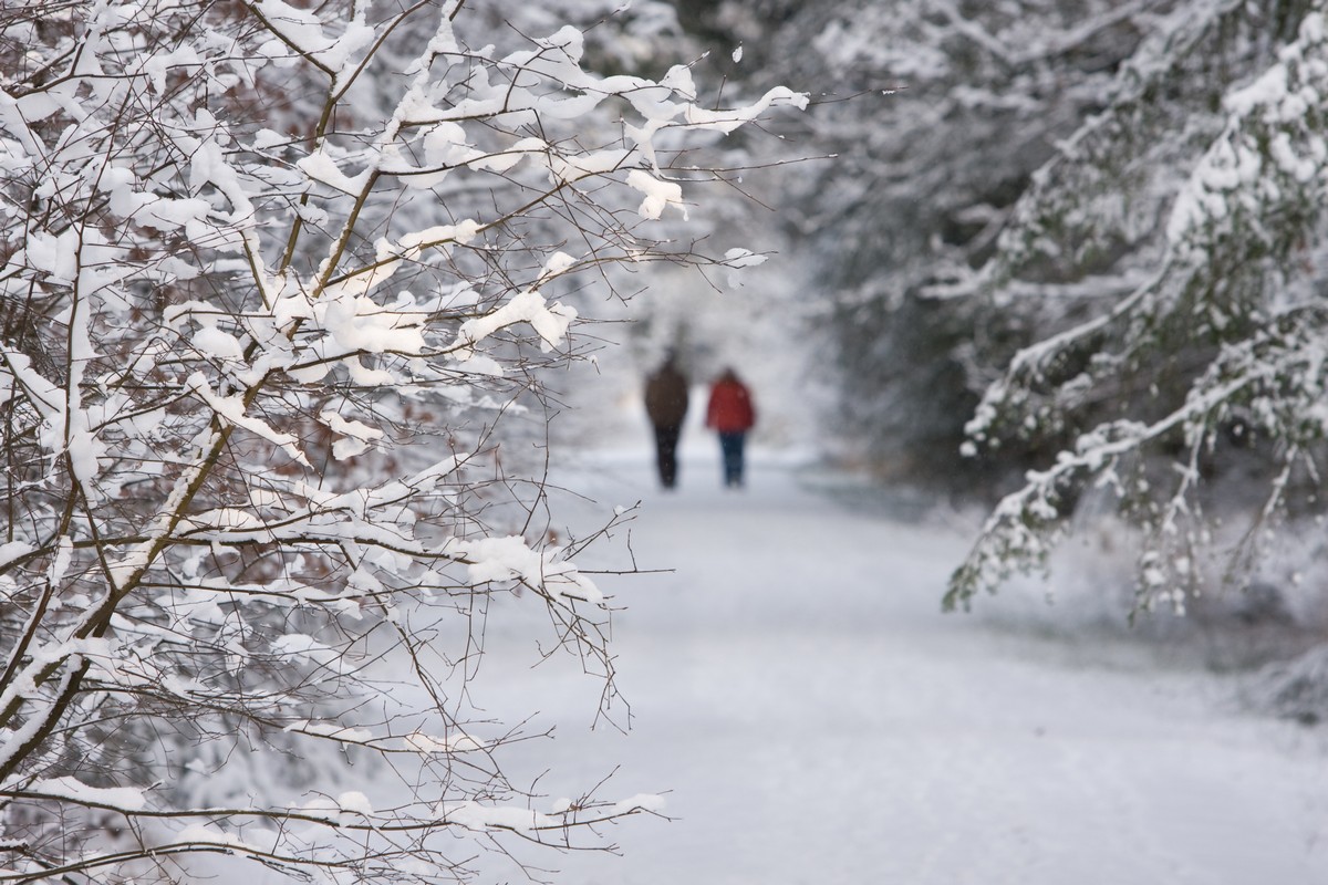 afbeelding van twee wandelaars in de sneeuw.