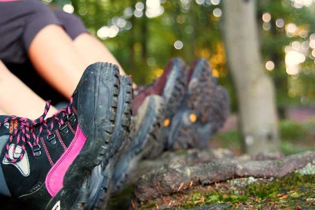 afbeelding van een aantal mensen naast elkaar met wandelschoenen aan.