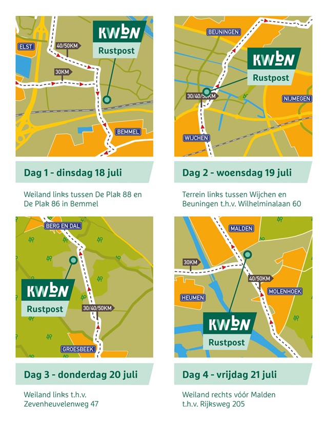 kaartjes van de KWbN 4Daagse Rustpost locaties.