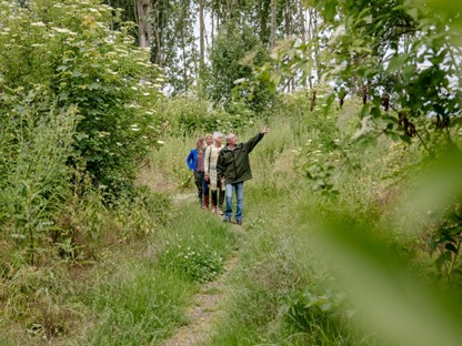 Groep wandelaars in het bos met een boswachter die omhoog wijst