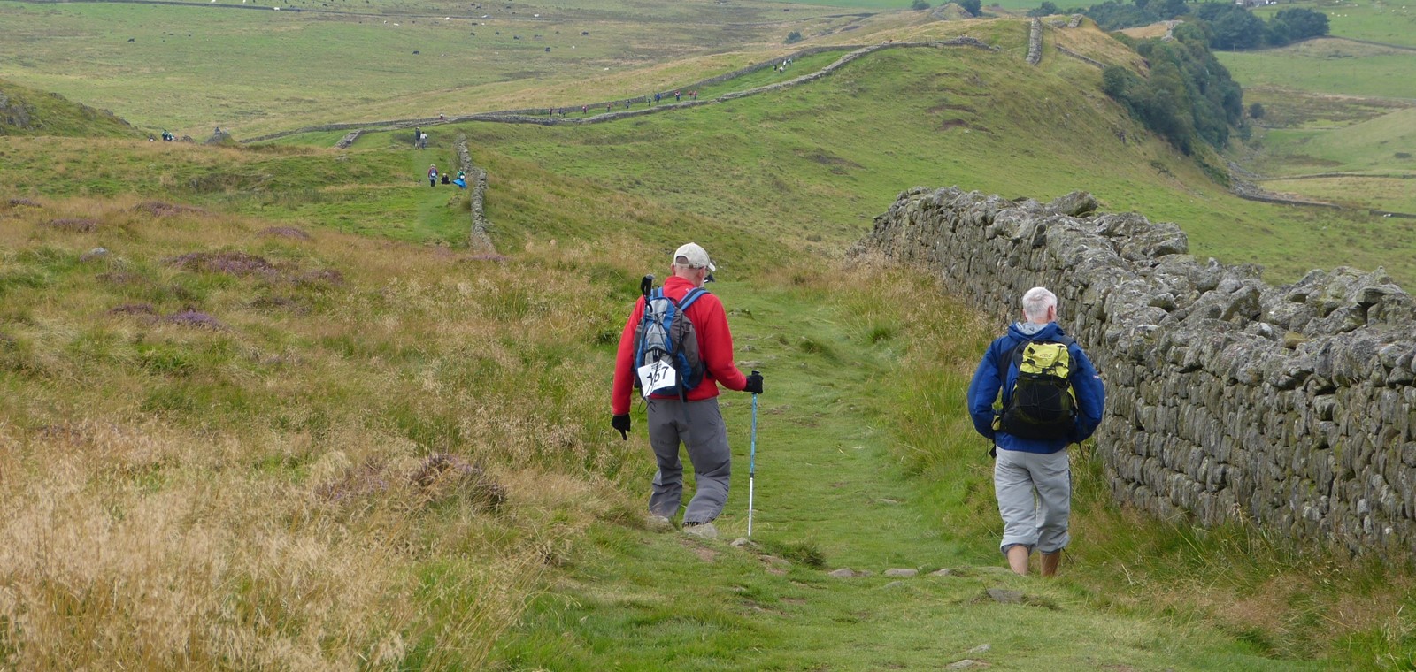Wandelaars lopen langs een muurtje in het landschap van Groot-Britannië, Foto: Carin Rosseboom