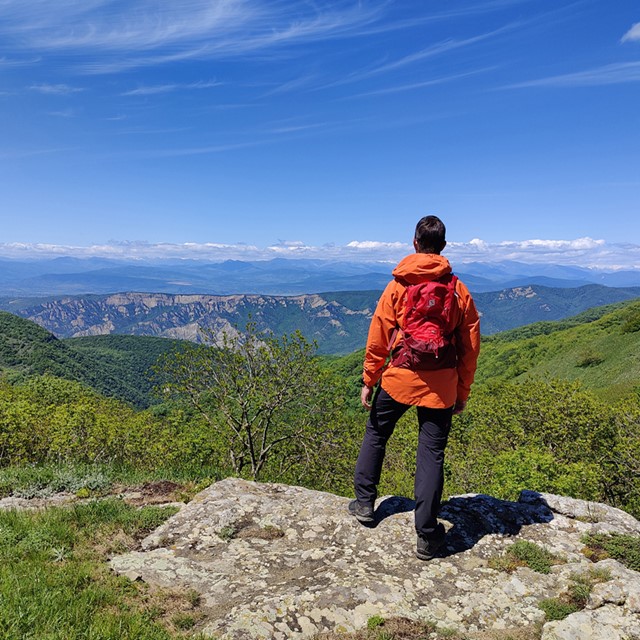 afbeelding van een wandelaar die geniet van het uitzicht vanaf Didgori Mountain, Georgië.